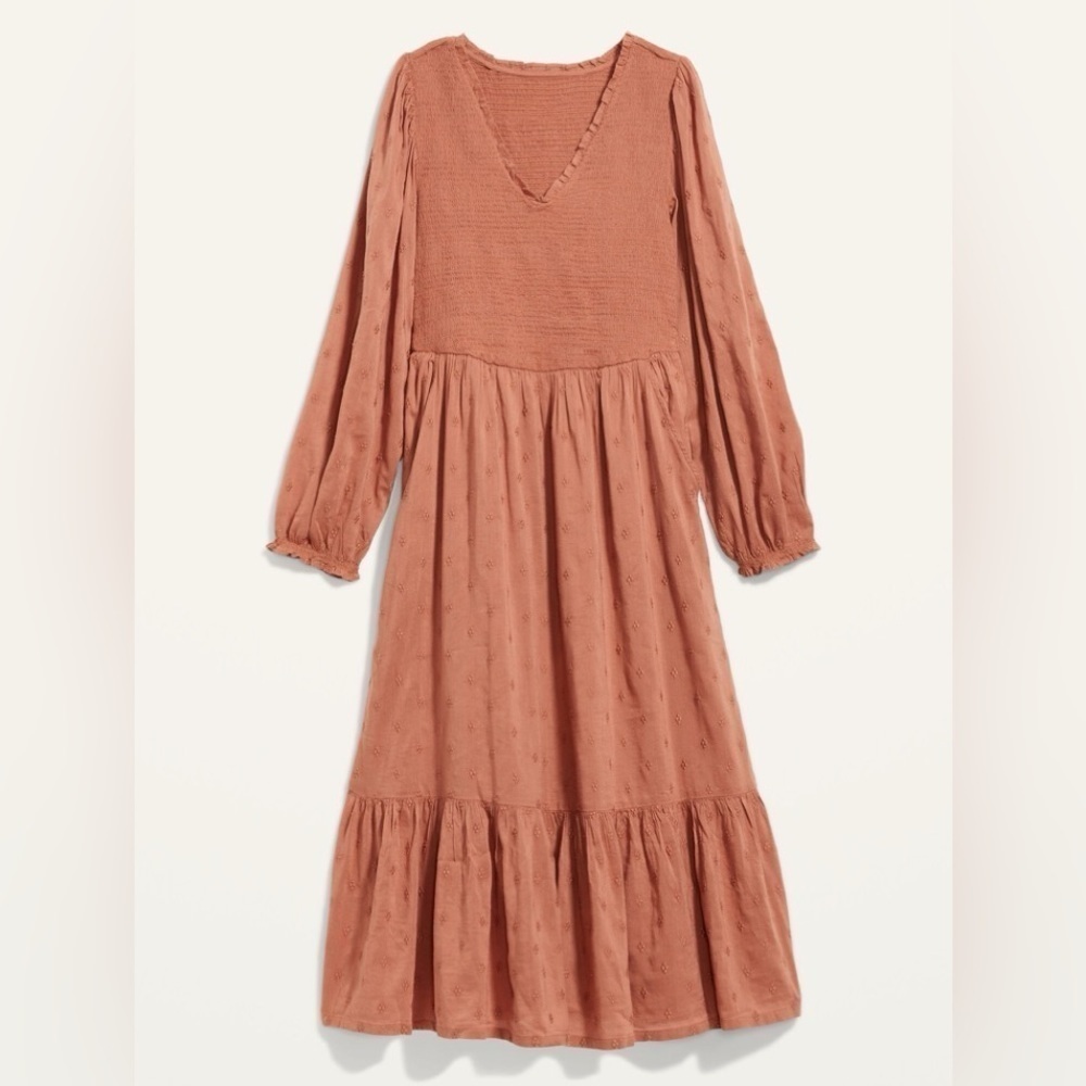 FINAL MARKDOWN! NWT! Long-Sleeve Fit & Flare Smocked Clip-Dot Midi Dress  💿